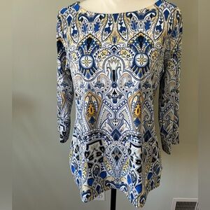 Charter Club Paisley 3/4 sleeve top.  White, blue, and yellow.